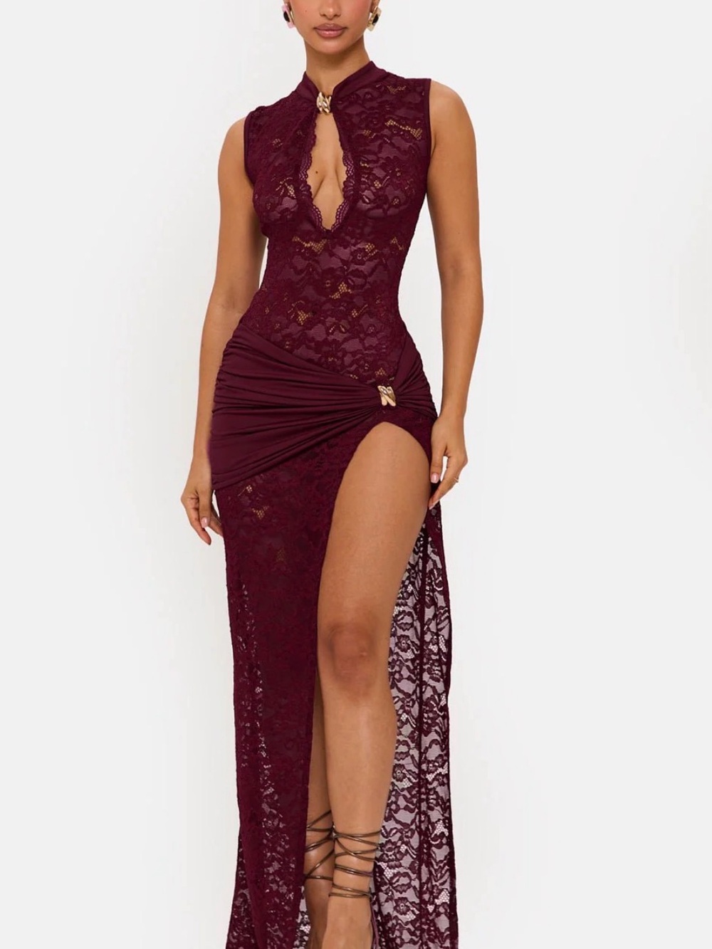 Sleeveless Lace High-Low Gown in Wine